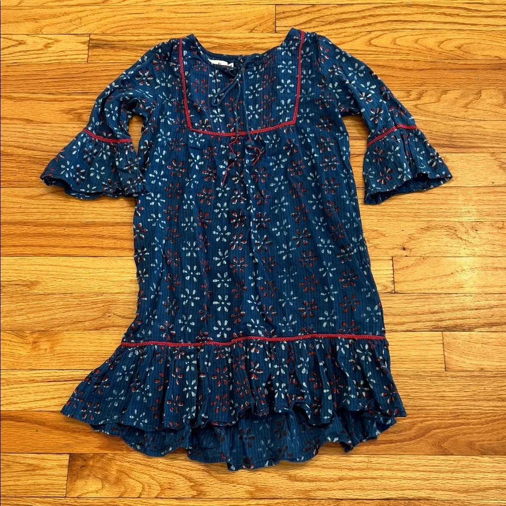 Beautiful Fabindia Red, White, Blue Floral Pattern Cotton Flounce Girls Dress